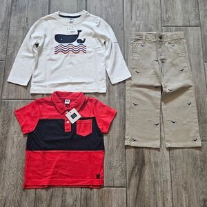 Janie and Jack Outfit Set Size 3 Red Navy NEW Whale Nautical Polo Preppy Chinos